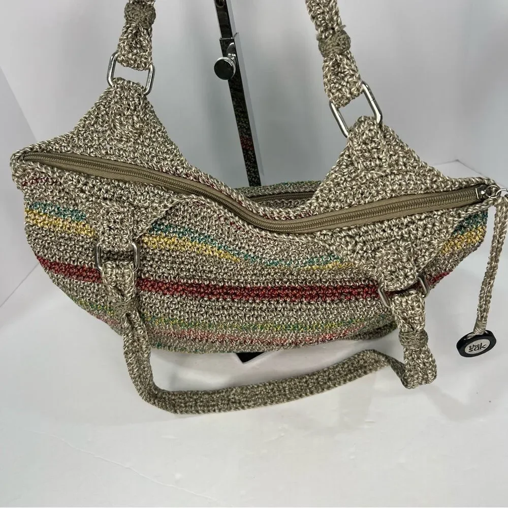 THE SAK Voyager Crochet Gray Stripped Belle Shoulder Tote Bohemian Medium Bag